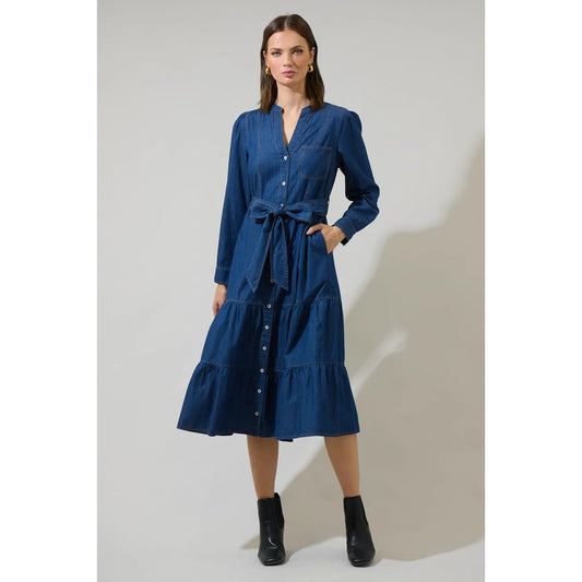 Skylah Denim Tiered Midi Dress