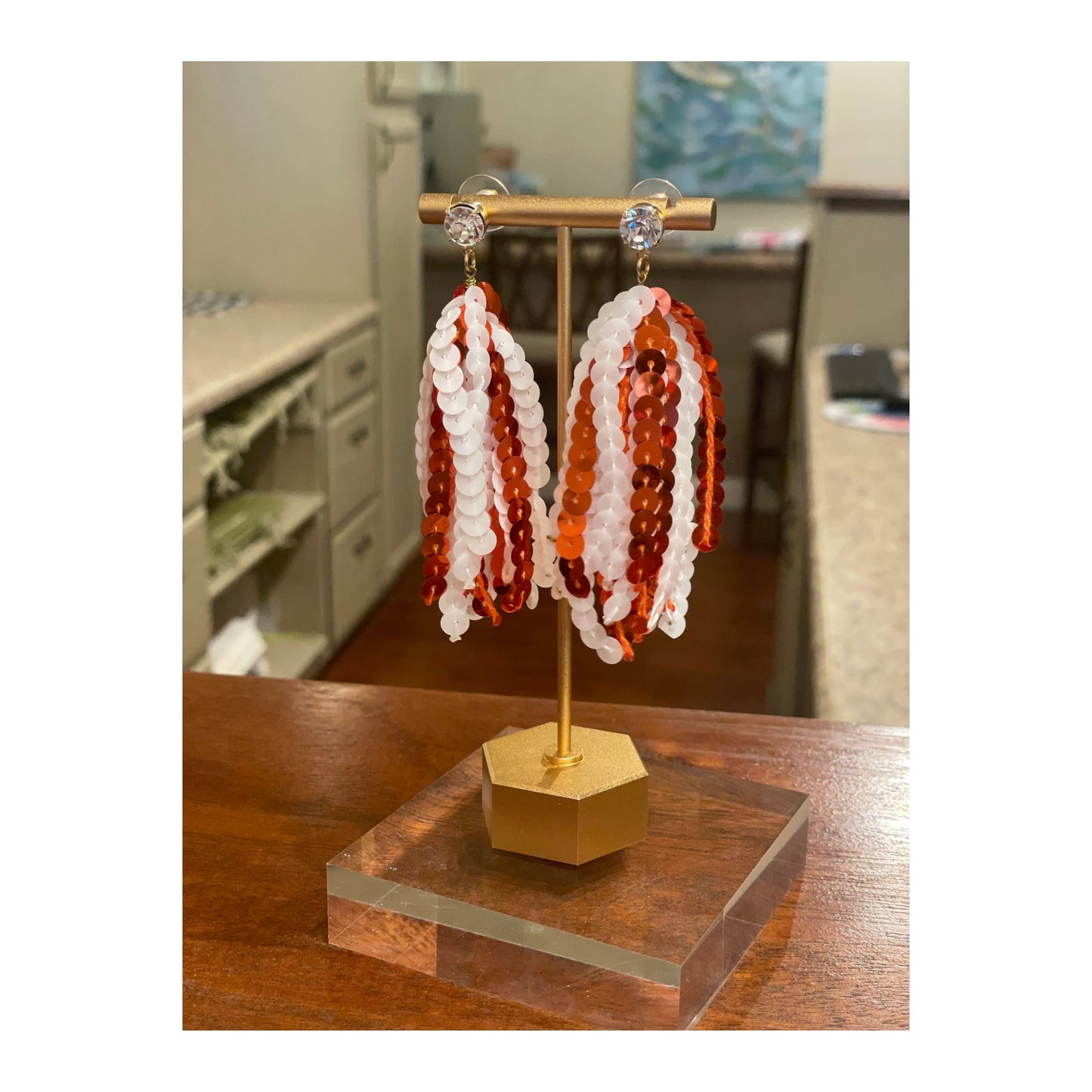 Glitter Tassel Drop Earrings (Orange and White)