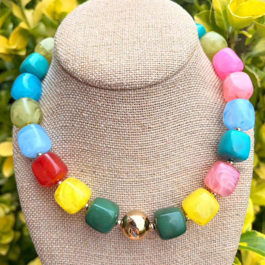 MulticoloredSquareBeadwithGoldBallNecklace-The Katie Kollective