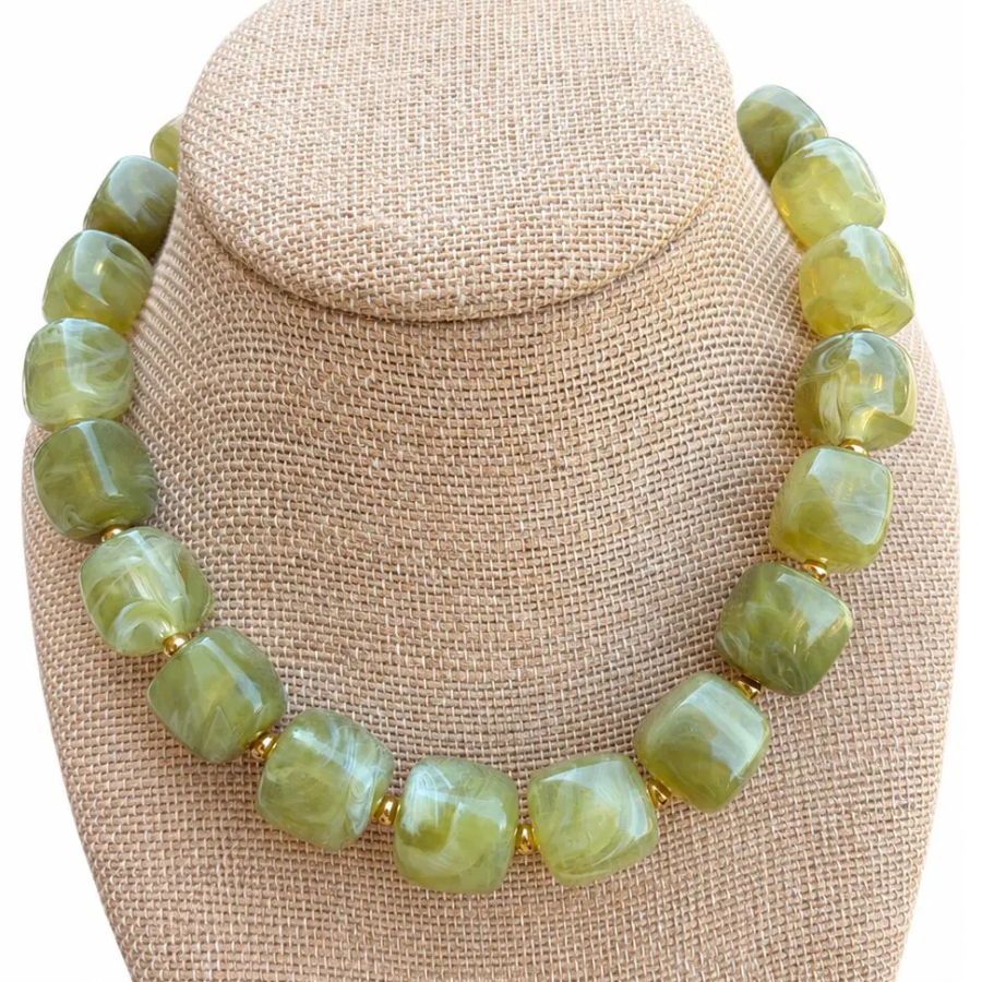 Olive green cube bead necklace