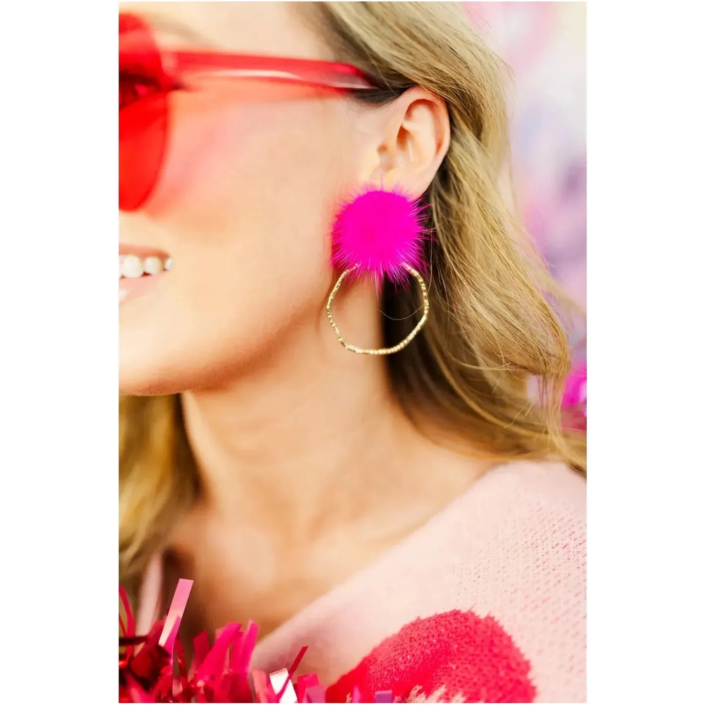 Puff Hoop Earrings - Fuschia