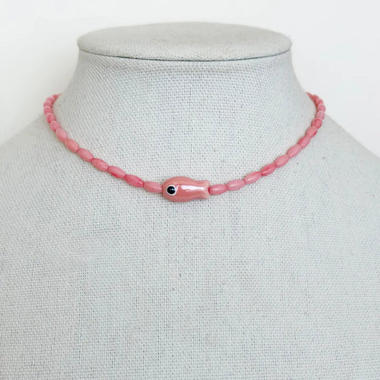 Chubby Fish Beaded Necklace (pink)