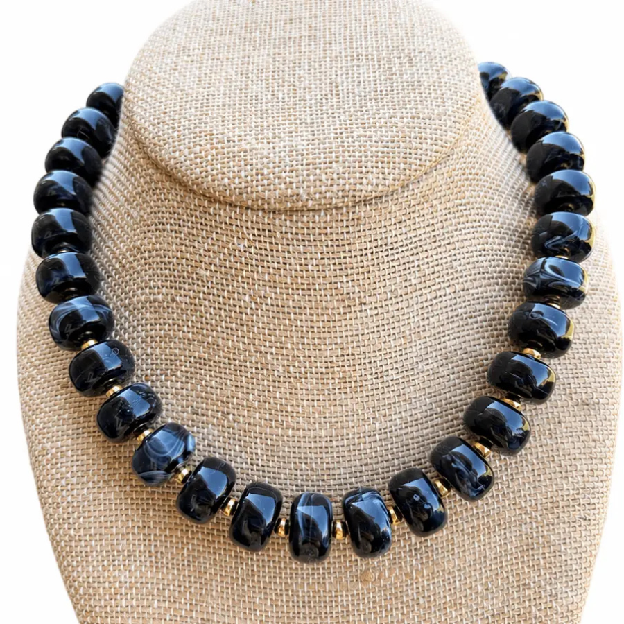BlackMarbledRoundBeadedNecklace-=TheKatieKollective