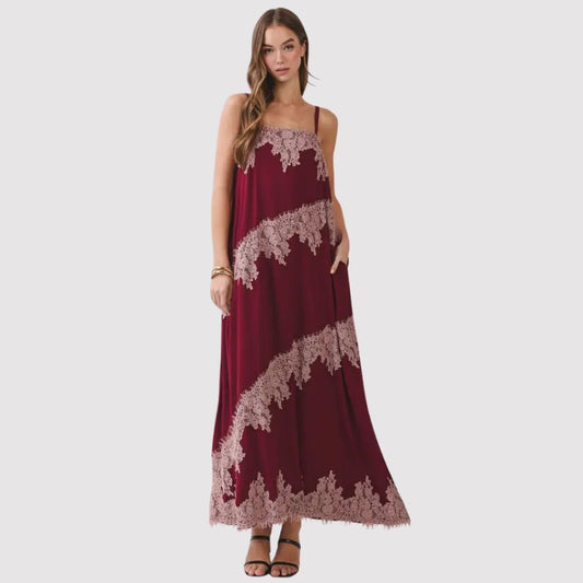 Contrast Lace Trim Detail Maxi Dress-TCEC-CD07409