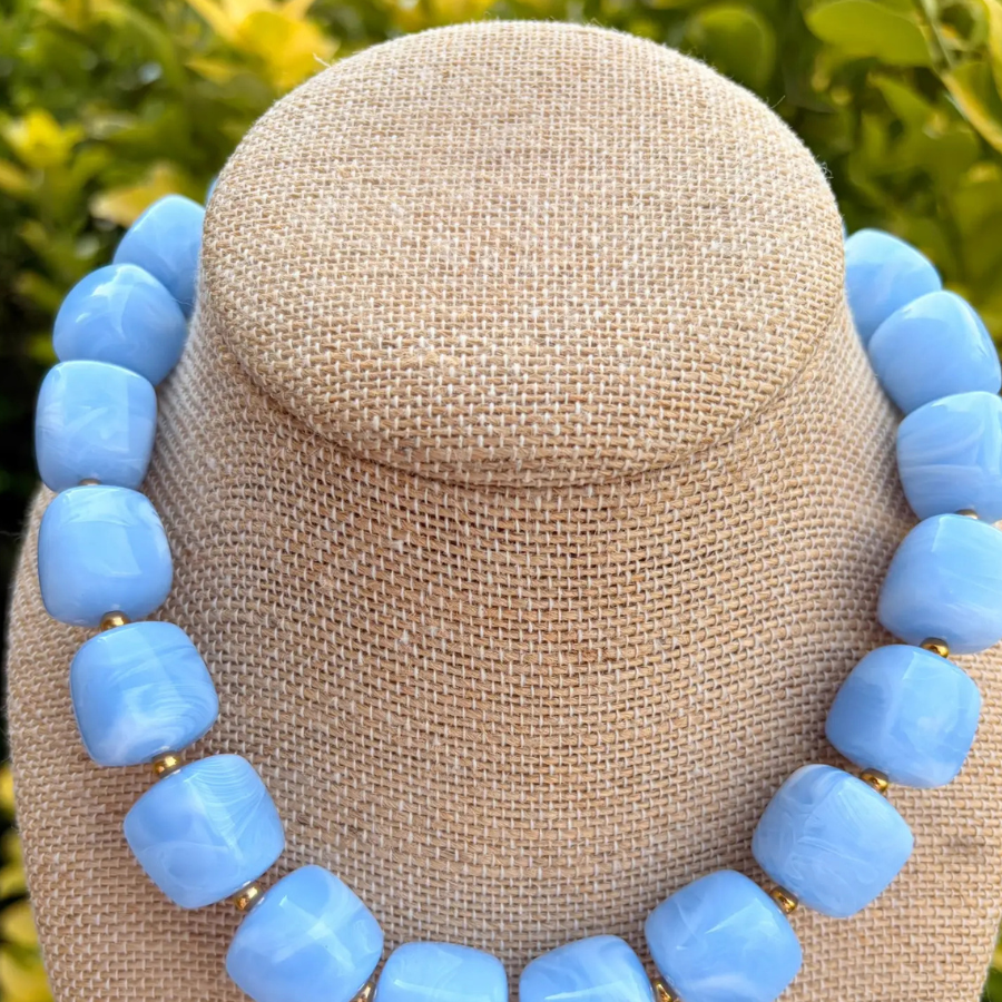 Light Blue Cube Bead Necklace- The Katie Kollective