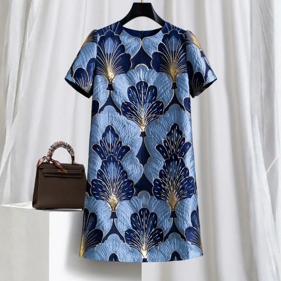 Luxury Blue Jacquard Beaded Shift Midi Dress Elegant-productseeker-NY307