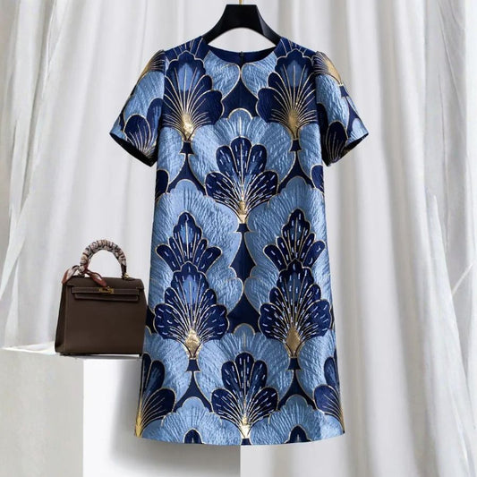 Luxury Blue Jacquard Beaded Shift Midi Dress Elegant-productseeker-NY307