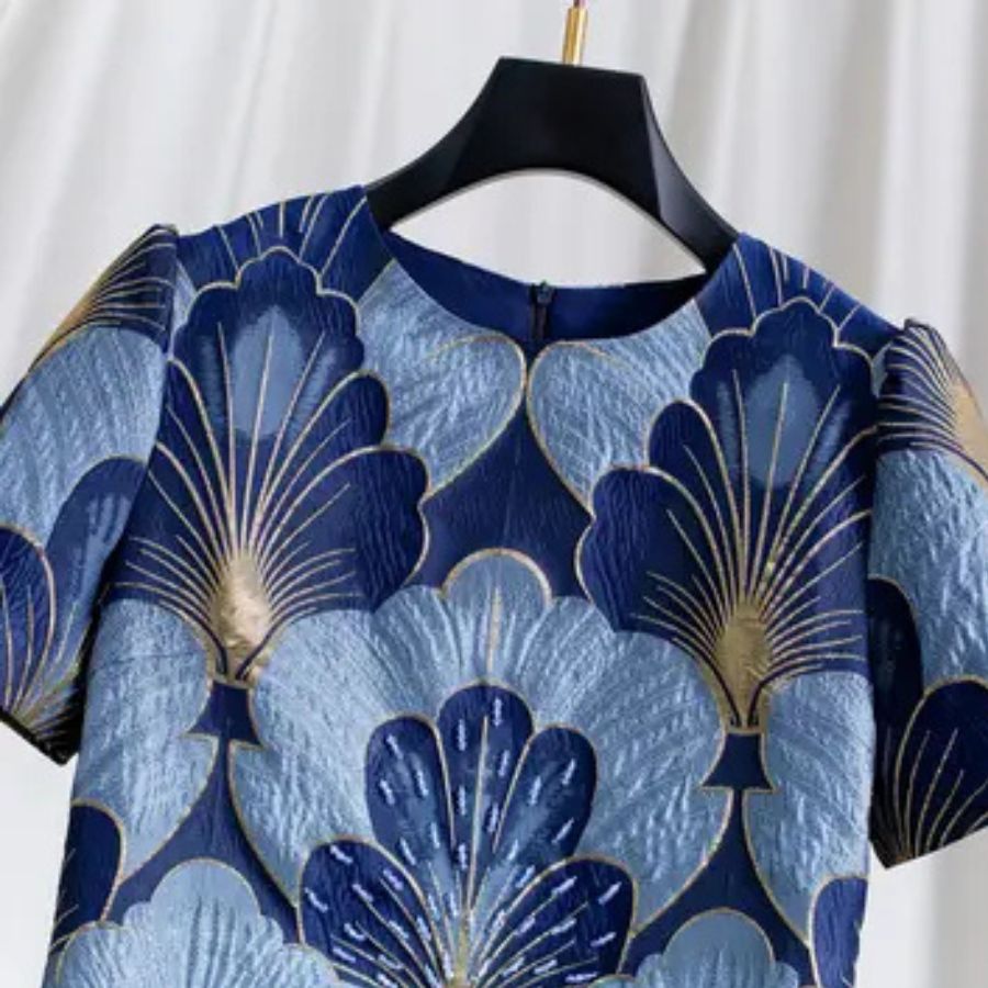 Luxury Blue Jacquard Beaded Shift Midi Dress Elegant-productseeker-NY307