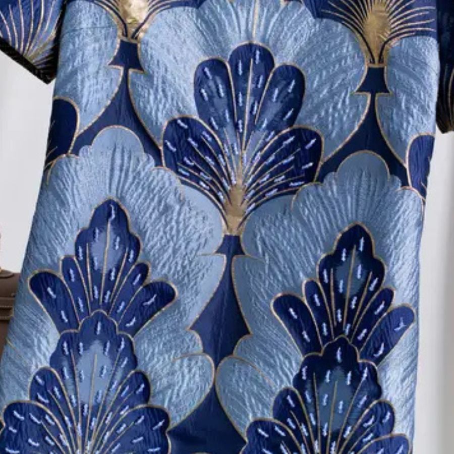 Luxury Blue Jacquard Beaded Shift Midi Dress Elegant-productseeker-NY307