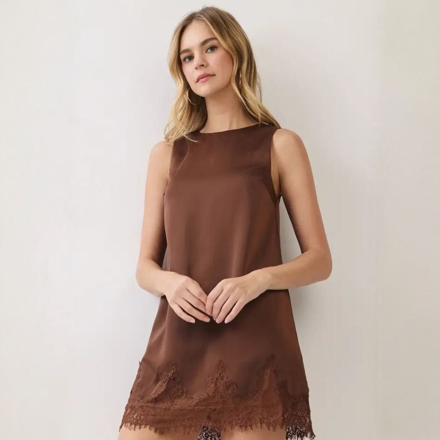 Satin Eyelash Lace Trim Shift Mini Dress-TCEC-CD07308