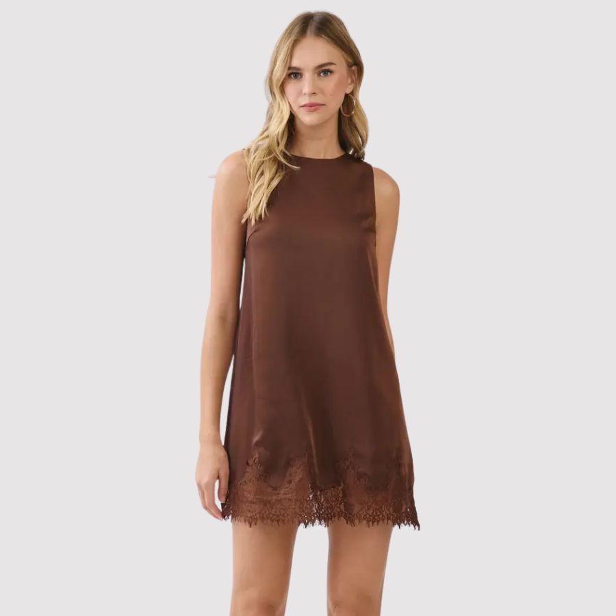 Satin Eyelash Lace Trim Shift Mini Dress-TCEC-CD07308