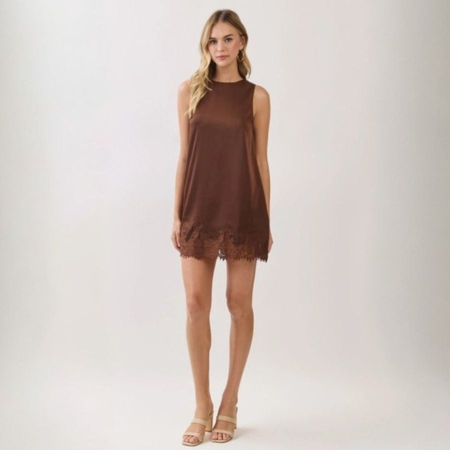 Satin Eyelash Lace Trim Shift Mini Dress-TCEC-CD07308