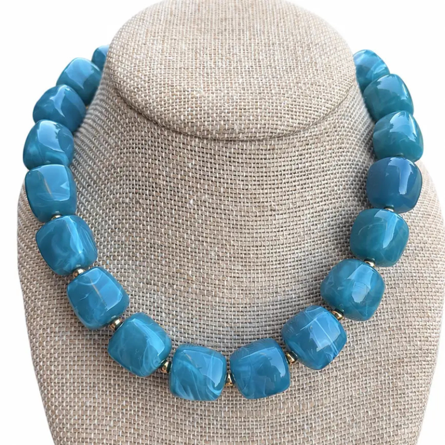 TealBlueCubeBeadedNecklace-The Katie Kollective