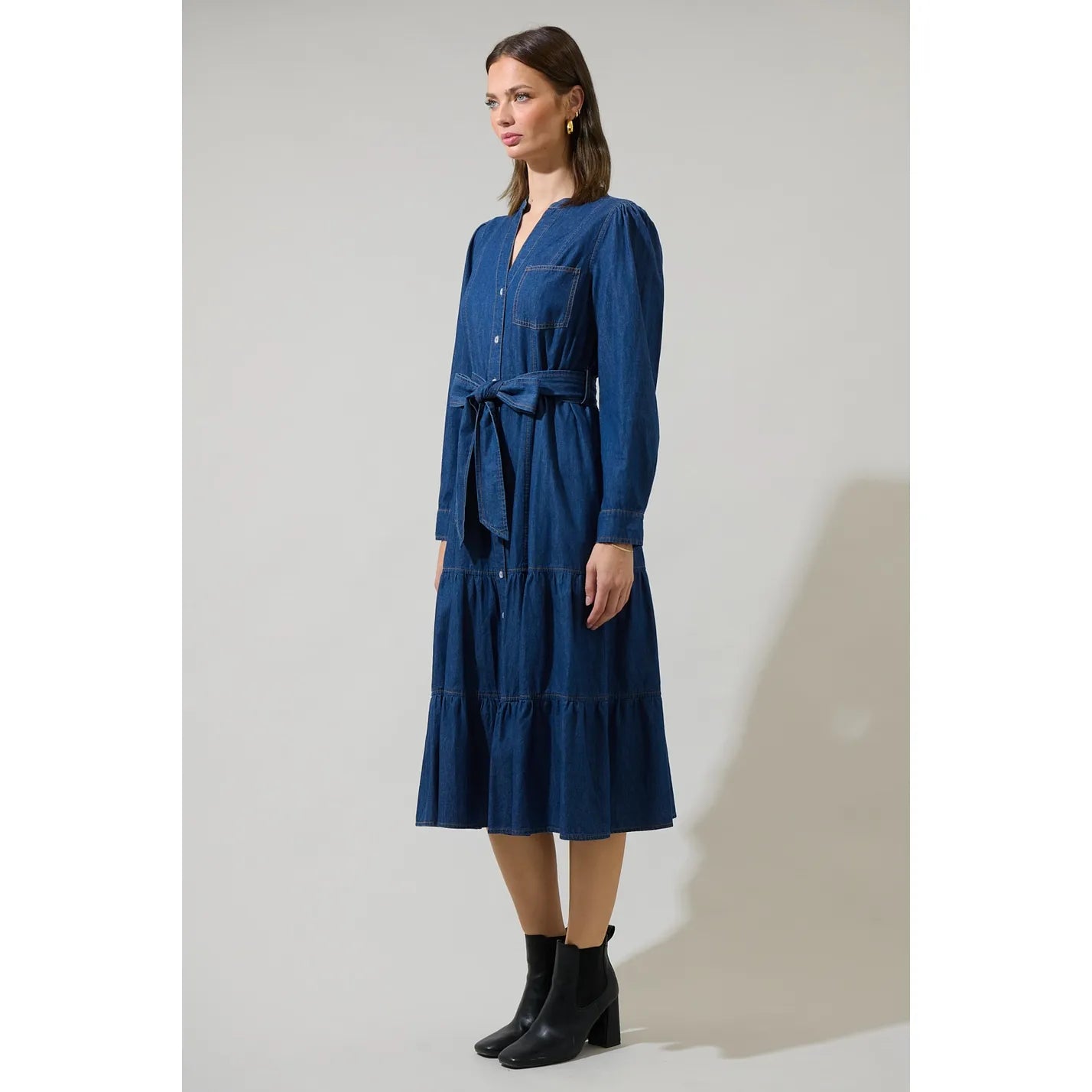 Skylah Denim Tiered Midi Dress